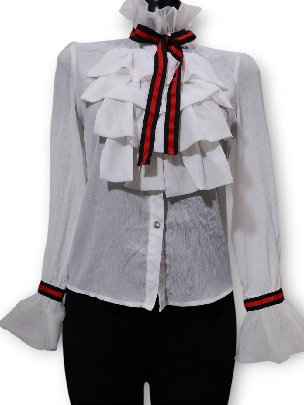 Vintage Impulsive Ruffle Button-Down Blouse – White with Navy & Red Ribbon Trim